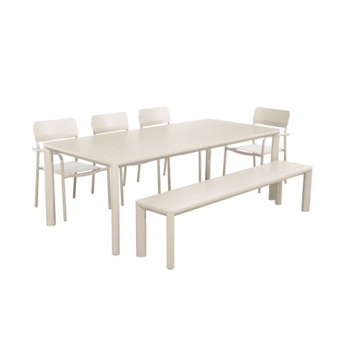 Table De Jardin 1 Banc Et 4 Fauteuils Aluminium Et Textilène Beige 220 X 100 X 75 Cm