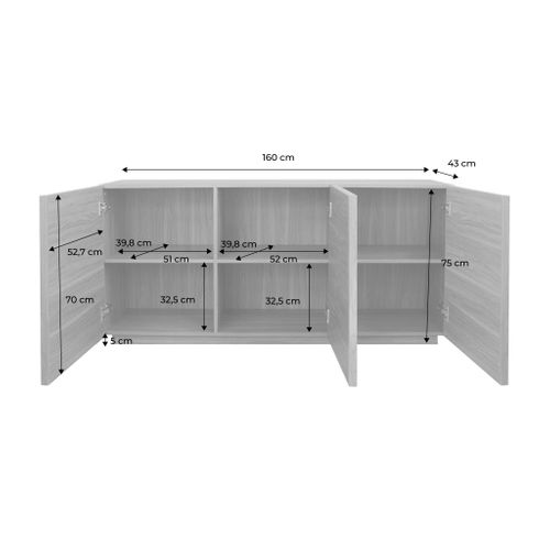 Buffet Effet Bois 3 Portes Naturel L 160 X P 43 X H 75cm - Kuba