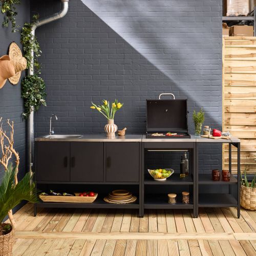 Cuisine Extérieure 3 Modules Acier Inoxydable Avec Barbecue Charbon Noir Naxos