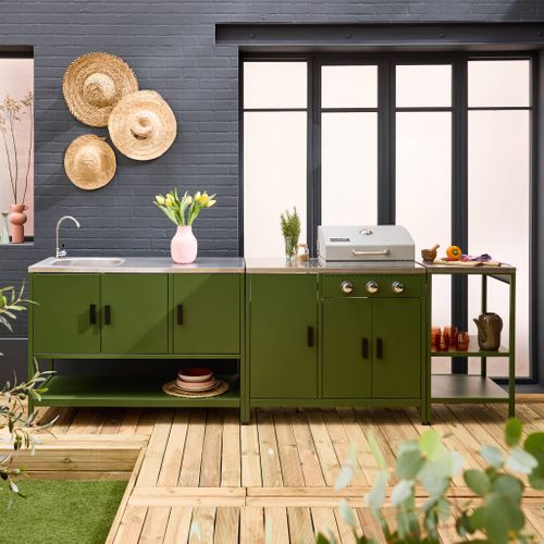 Cuisine Extérieure Naxos 3 Modules Acier Inoxydable Vert Avec Barbecue Gaz 3 Brûleurs