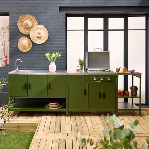 Cuisine Extérieure Naxos 3 Modules Acier Inoxydable Vert Avec Barbecue Gaz 3 Brûleurs
