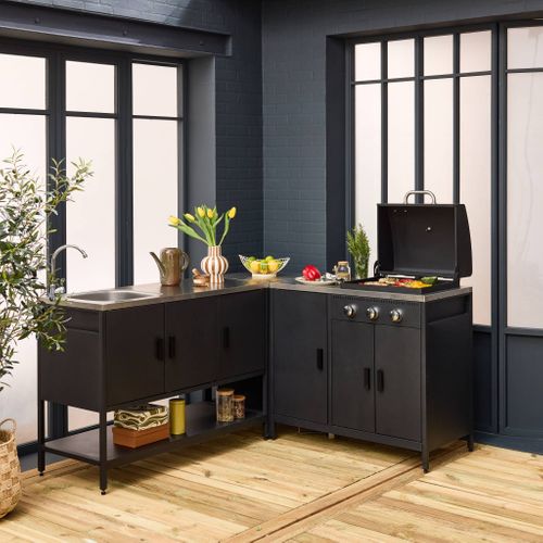 Cuisine Extérieure Naxos 3 Modules Acier Inoxydable Noir Avec Barbecue Gaz 3 Brûleurs