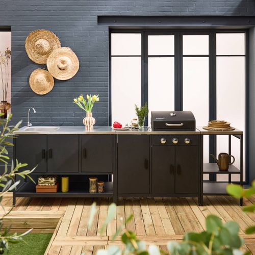 Cuisine Extérieure Naxos 3 Modules Acier Inoxydable Noir Avec Barbecue Gaz 3 Brûleurs