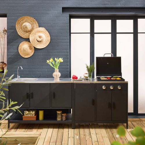 Cuisine Extérieure Naxos 2 Modules Acier Inoxydable Noir Barbecue Gaz 3 Brûleurs Avec Évier