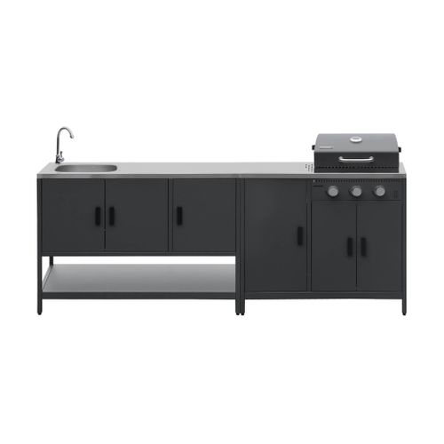 Cuisine Extérieure Naxos 2 Modules Acier Inoxydable Noir Barbecue Gaz 3 Brûleurs Avec Évier