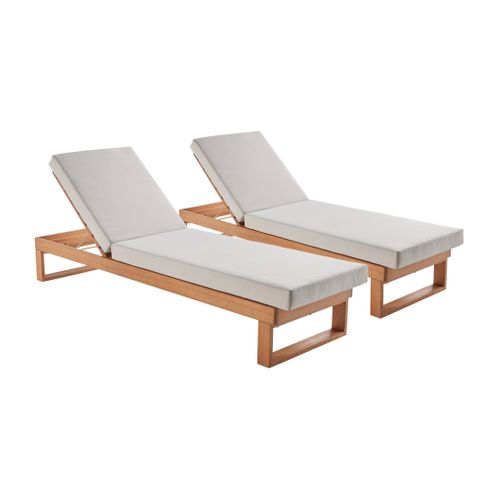 Lot De 2 Bains De Soleil Bois D'eucalyptus Pamplona Multi Positions Toile En Polyester Beige