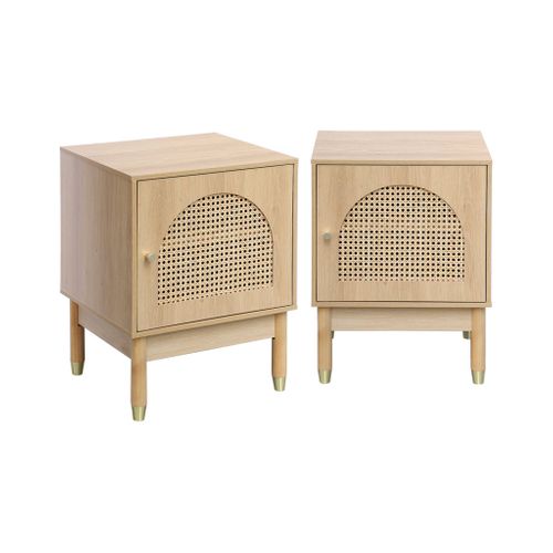 Lot De 2 Tables De Chevet Bohème Bois Et Cannage Naturel 1 Porte 45 X 40 X 60 Cm - Judith