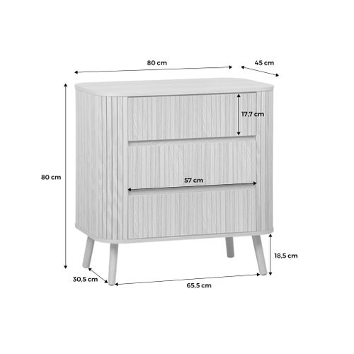 Commode 3 Tiroirs. Décor Strié Noyer. L 80x P 45 H 80cm