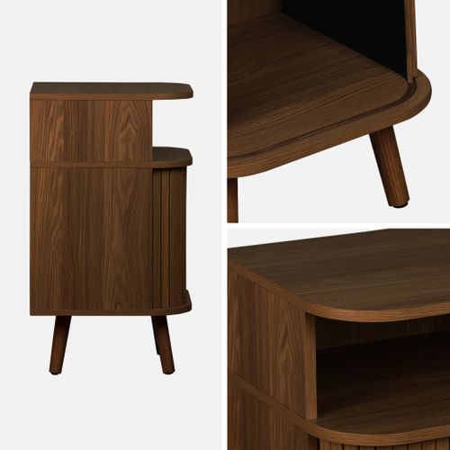 Table De Chevet 2 Portes Coulissantes + 1 Niche Effet Bois Rainuré. L 40 X P 40 X H 70cm