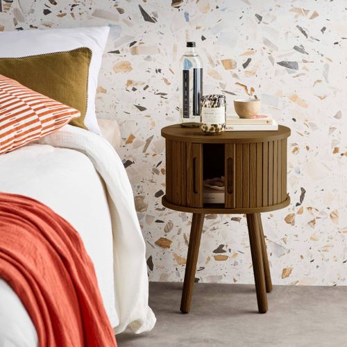 Table De Chevet Ovale 2 Portes Coulissantes Poignées Creusées. Effet Bois Rainuré. L40 X L34 X