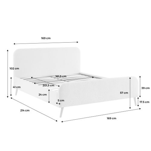 Lit Avec Sommier à Lattes Et Tête De Lit Rembourrée 2 Places Bouclette Crème 160 X 200 Cm - Finn