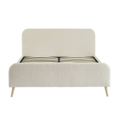 Lit Avec Sommier à Lattes Et Tête De Lit Rembourrée 2 Places Bouclette Crème 160 X 200 Cm - Finn