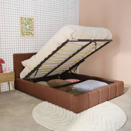 Lit Coffre Double Avec Sommier à Lattes Et Tête De Lit Terracotta 160 X 200 Cm Bouclette Texturée -