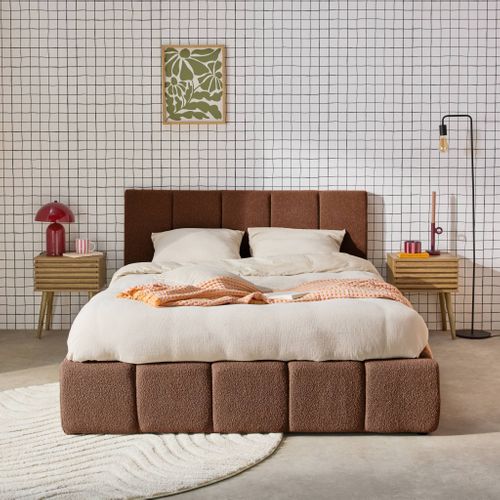 Lit Coffre Double Avec Sommier à Lattes Et Tête De Lit Terracotta 160 X 200 Cm Bouclette Texturée -