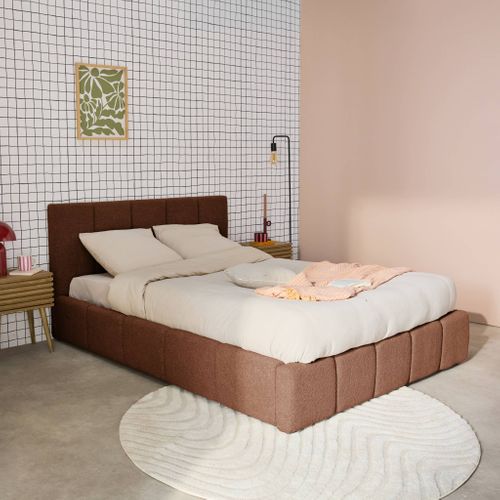 Lit Coffre Double Avec Sommier à Lattes Et Tête De Lit Terracotta 160 X 200 Cm Bouclette Texturée -