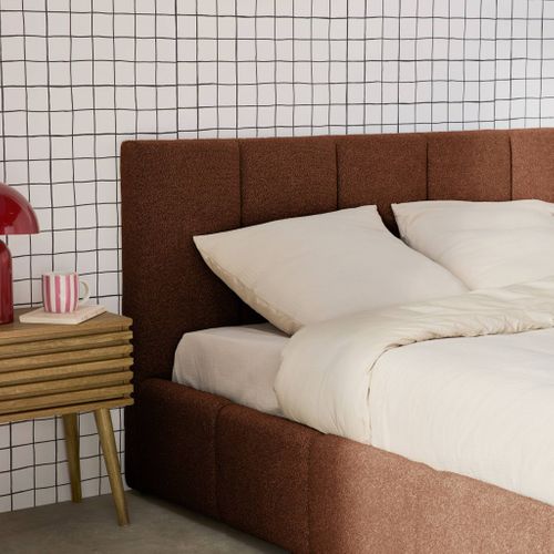 Lit Coffre Double Avec Sommier à Lattes Et Tête De Lit Terracotta 160 X 200 Cm Bouclette Texturée -