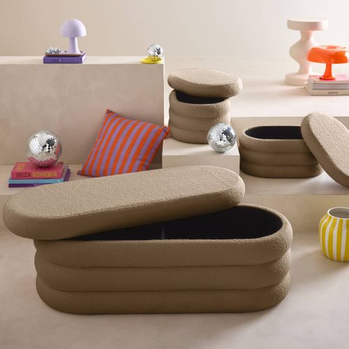 Banc Coffre En Bouclettes Taupe Avec 2 Poufs Ovales De Rangement Intégrés - L111cm