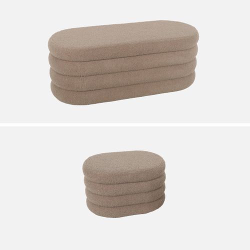 Banc Coffre En Bouclettes Taupe Avec 2 Poufs Ovales De Rangement Intégrés - L111cm