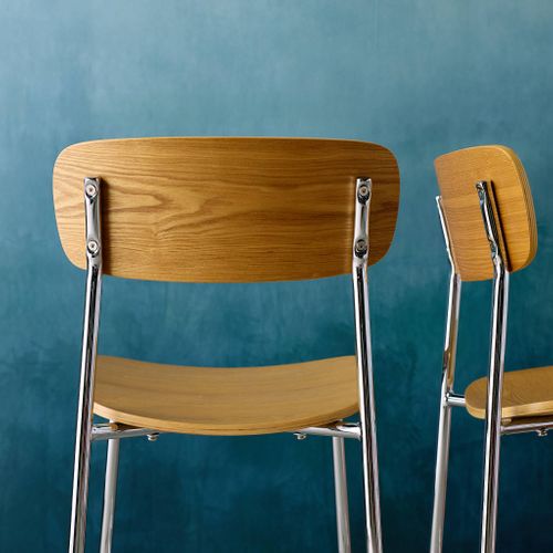 Lot De 2 Tabourets De Bar Vintage Contreplaqué Avec Placage Bois Effet Frêne Et Pieds Métal Chromé