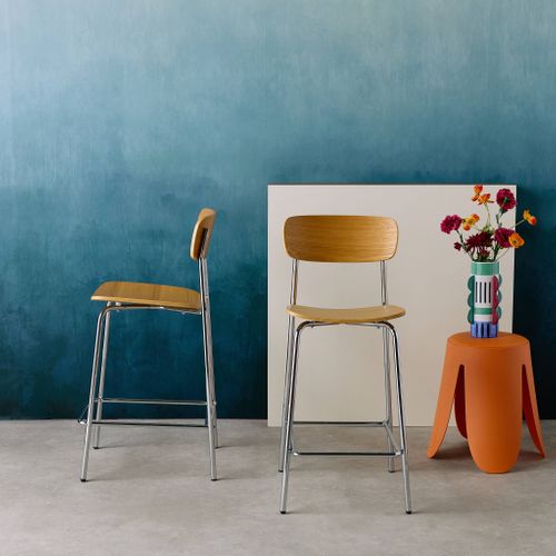 Lot De 2 Tabourets De Bar Vintage Contreplaqué Avec Placage Bois Effet Frêne Et Pieds Métal Chromé