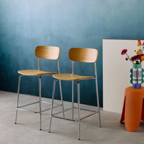 Lot De 2 Tabourets De Bar Vintage Contreplaqué Avec Placage Bois Effet Frêne Et Pieds Métal Chromé