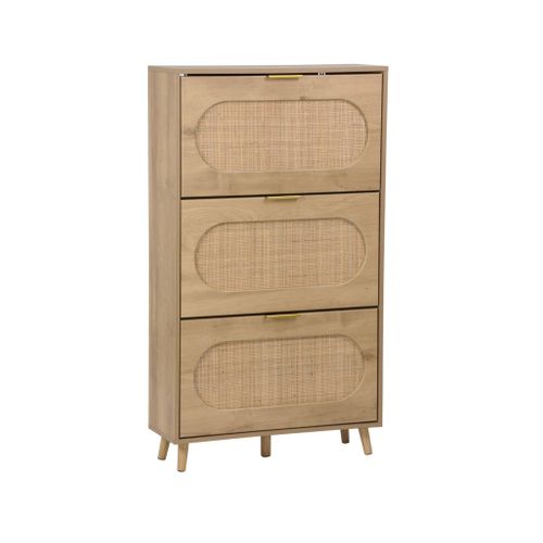 Meuble à Chaussures Décor Bois Et Cannage 3 Abattants. Poignées En Métal - L 75 X P 26 X H 131 Cm -