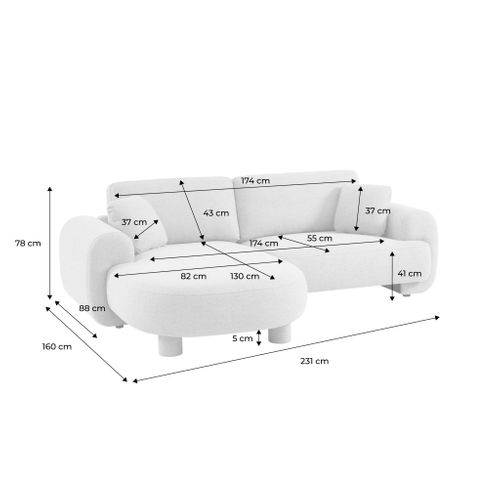 Canapé D'angle Droite 3 Places Tissu Gris Clair. Pieds Ronds L 231 X P 160 / 88 Cm - Zenio