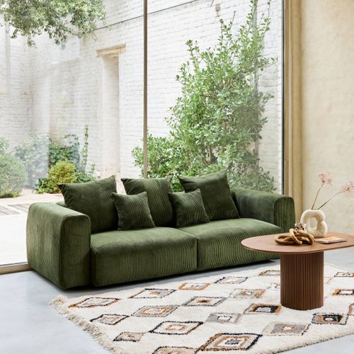 Canapé Déhoussable 3 Places En Velours Côtelé Grosse Côte Kaki Avec Pluie De Coussins L 230 X P 97