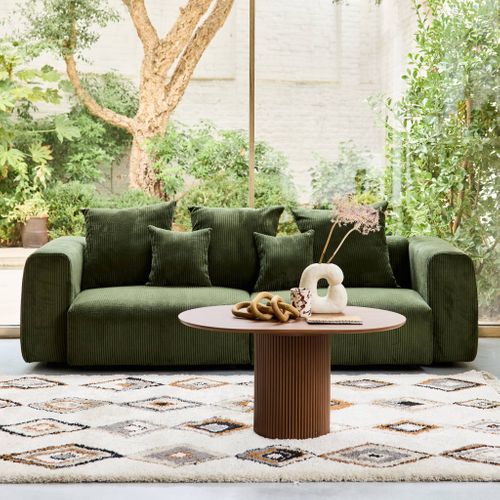 Canapé Déhoussable 3 Places En Velours Côtelé Grosse Côte Kaki Avec Pluie De Coussins L 230 X P 97