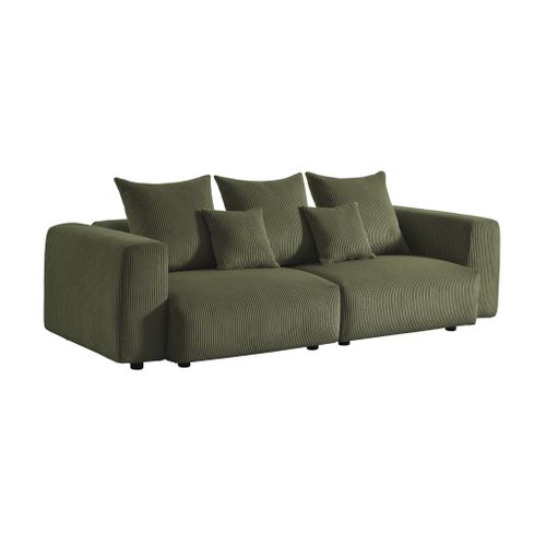 Canapé Déhoussable 3 Places En Velours Côtelé Grosse Côte Kaki Avec Pluie De Coussins L 230 X P 97