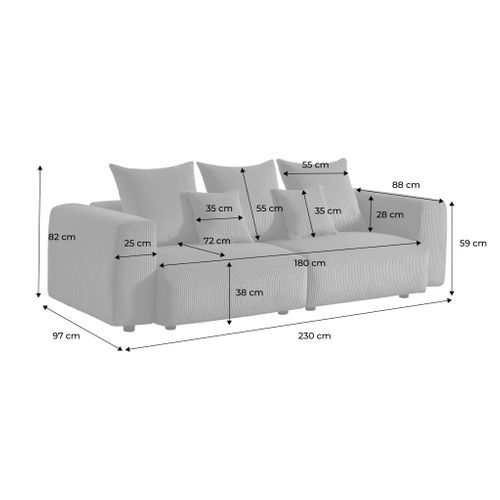 Canapé Déhoussable 3 Places En Velours Côtelé Grosse Côte Kaki Avec Pluie De Coussins L 230 X P 97