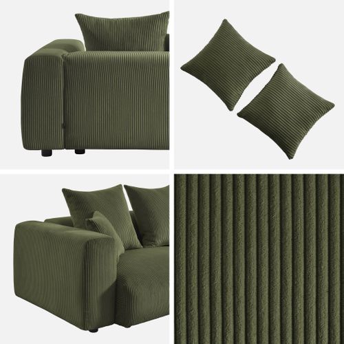 Canapé Déhoussable 3 Places En Velours Côtelé Grosse Côte Kaki Avec Pluie De Coussins L 230 X P 97