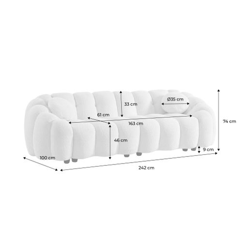 Canapé 3 Places Coquillage En Bouclette Blanc L 221 X P 100 X H 76cm - Perla