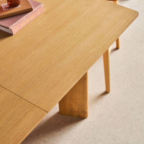 Table à Manger Rectangulaire Extensible Bois D'hévéa Et Placage Chêne Naturel 6-8 Places 170-210cm