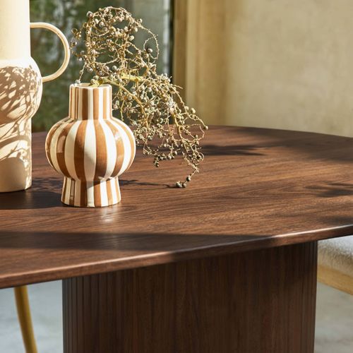 Table à Manger Oblongue Bois D'hévéa Et Placage Chêne 8 Places Noyer - L 220 X P 100 X H 73 Cm -