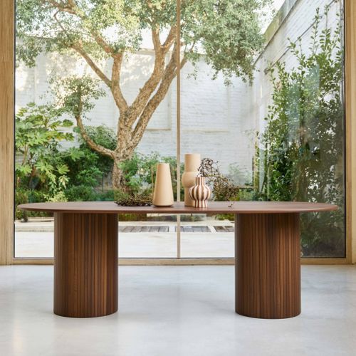 Table à Manger Oblongue Bois D'hévéa Et Placage Chêne 8 Places Noyer - L 220 X P 100 X H 73 Cm -