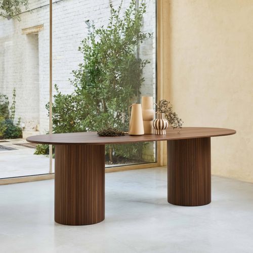 Table à Manger Oblongue Bois D'hévéa Et Placage Chêne 8 Places Noyer - L 220 X P 100 X H 73 Cm -