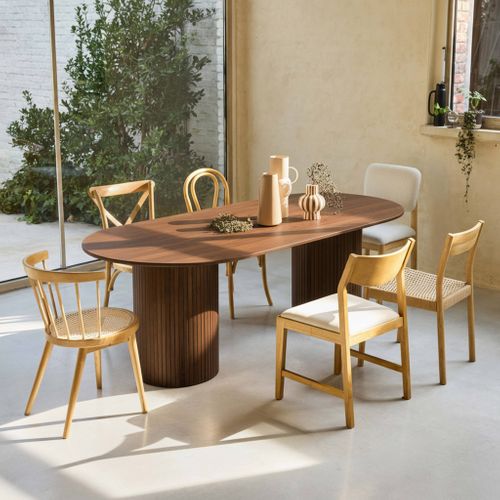 Table à Manger Oblongue Bois D'hévéa Et Placage Chêne 8 Places Noyer - L 220 X P 100 X H 73 Cm -