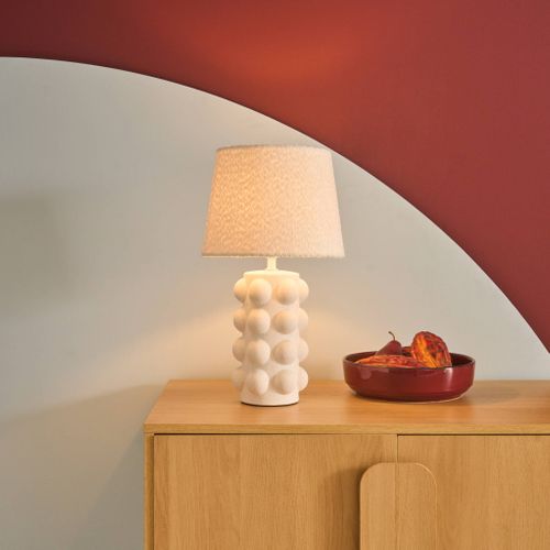 Lampe De Table Intérieur Céramique Moucheté Blanc Et Noir. Abat-jour En Bouclette H 45cm - Mia