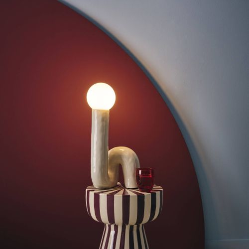 Lampe De Table Organique Céramique Vernis Crème. Globe En Verre H 45cm - Elma