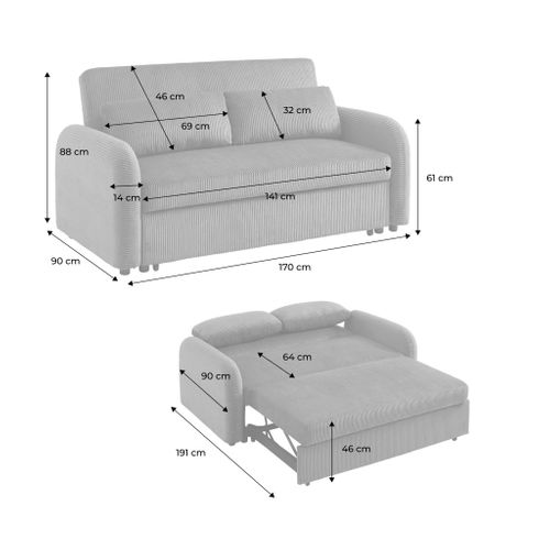 Canapé Convertible Arrondi 2 Places Velours Côtelé Gris Foncé L 168 X P 90 X H 88cm - Lino