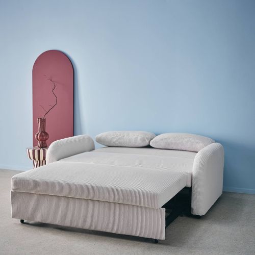 Canapé Convertible Arrondi 2 Places Velours Côtelé Blanc L 168 X P 90 X H 88cm - Lino