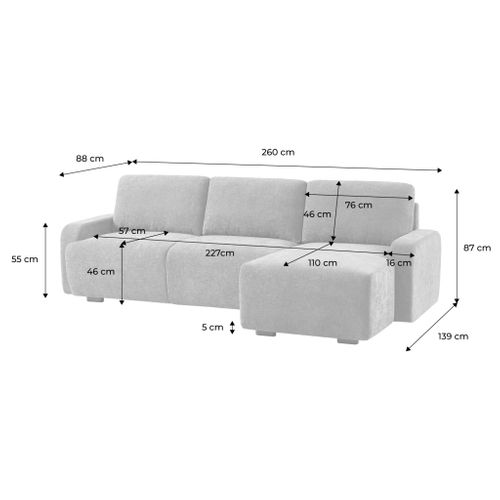 Canapé D'angle Droite 3 Places Tissu Gris Clair L 260 X P 88 / 139cm / X H 87cm - Dany