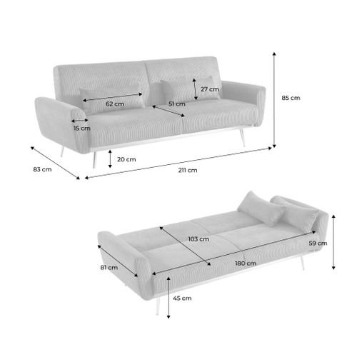Canapé Convertible Design En Velours Côtelé Gris Foncé - Oskar - 3 Places Scandinave Droit Avec