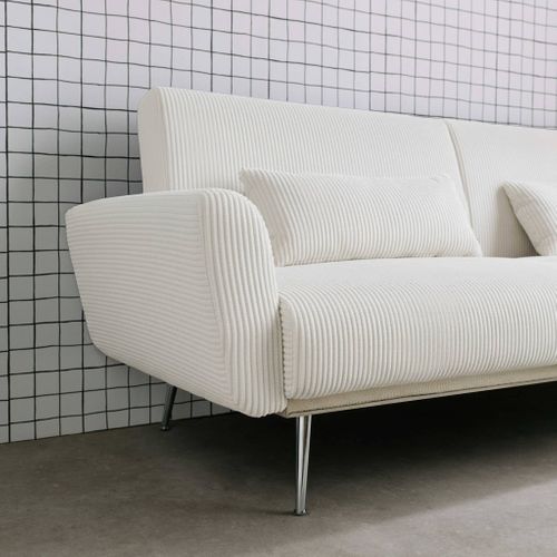 Canapé Convertible Design En Velours Côtelé Blanc - Oskar - 3 Places Scandinave Droit Avec Pieds