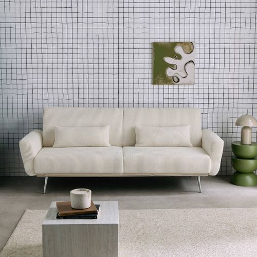 Canapé Convertible Design En Velours Côtelé Blanc - Oskar - 3 Places Scandinave Droit Avec Pieds