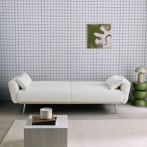 Canapé Convertible Design En Velours Côtelé Blanc - Oskar - 3 Places Scandinave Droit Avec Pieds