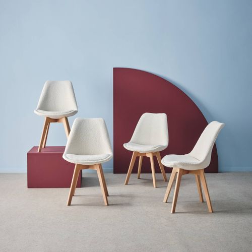 Lot De 4 Chaises Scandinaves Revêtement Bouclette Texturée Blanc. Pieds Bois De Hêtre - Nils