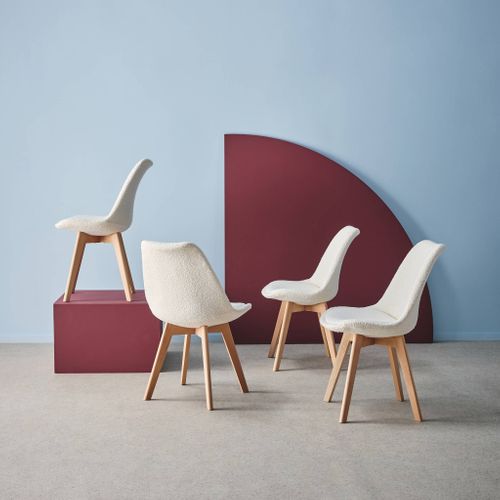 Lot De 4 Chaises Scandinaves Revêtement Bouclette Texturée Blanc. Pieds Bois De Hêtre - Nils