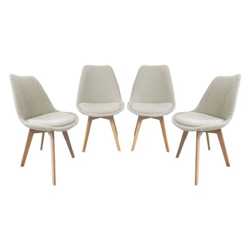 Lot De 4 Chaises Scandinaves Revêtement Bouclette Texturée Blanc. Pieds Bois De Hêtre - Nils
